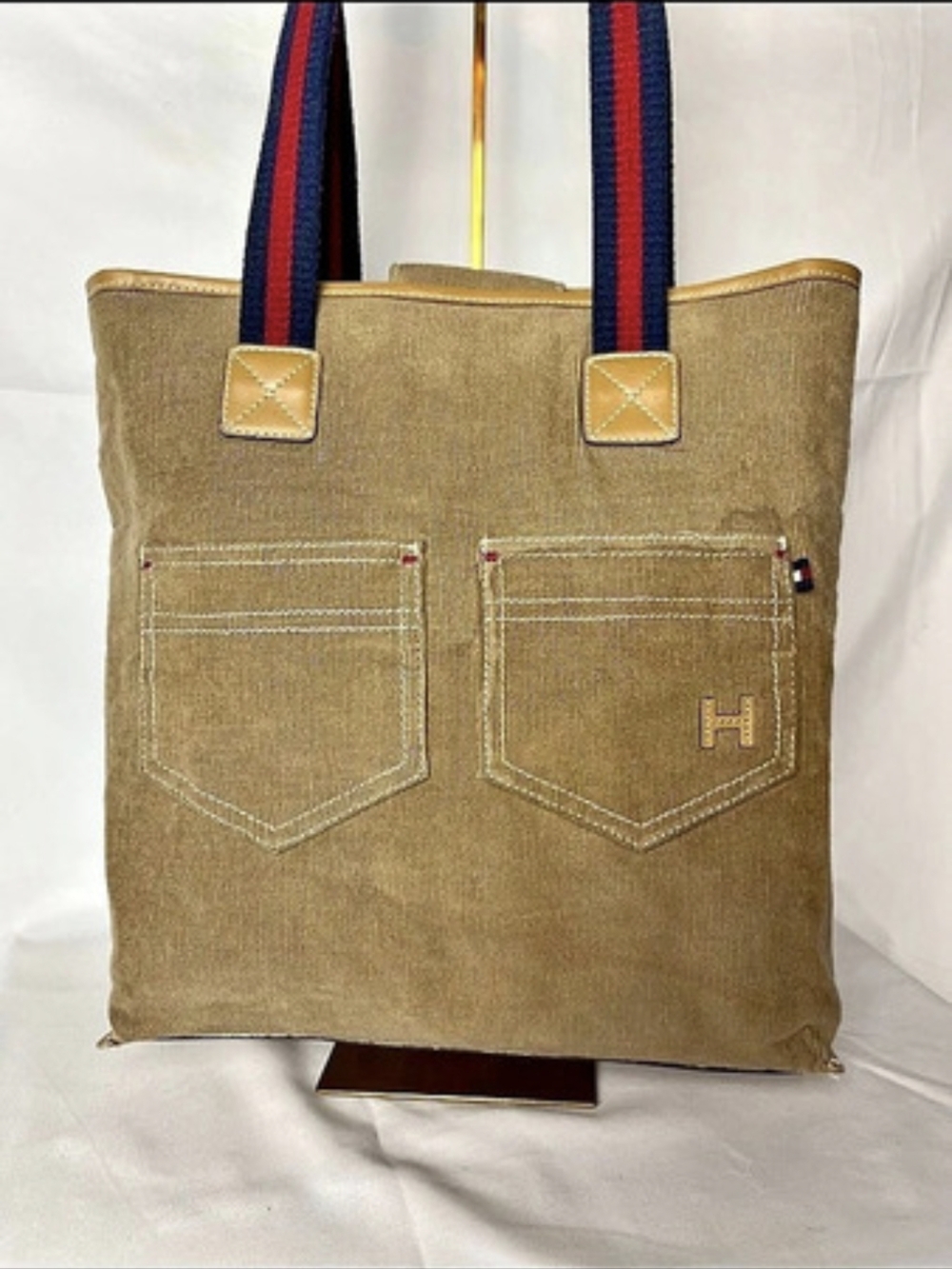 Tommy Hilfiger Tan Corduroy Tote Bag Striped Straps Retro Y2K